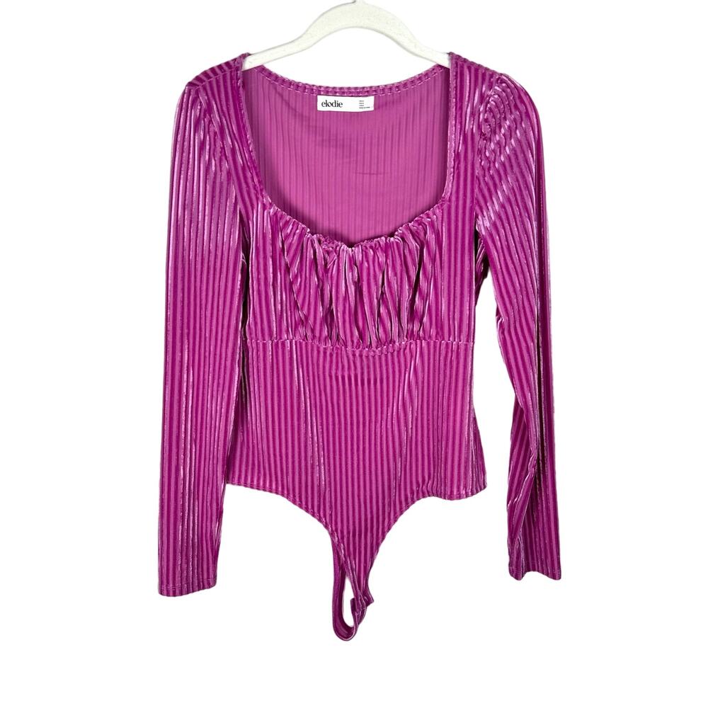 Elodie Ribbed Velvet Long Sleeve Bodysuit Pink Size M Square Neck Minimalist